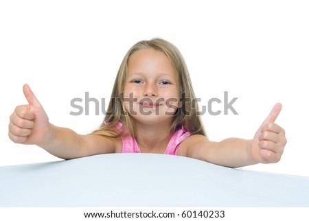 photos of girl with long hair, which shows the thumbs. Isolated on white.