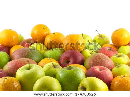 Many ripe assorted fruits as background isolated on white closeup