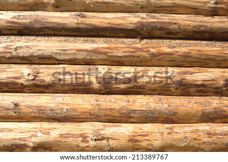 Wall of a house from planed horizontal logs as background closeup