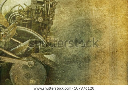 Old Machinery Vintage Background. Grungy Background with Some Old Press Machine and Floral Wallpaper. Right Side Copy Space.