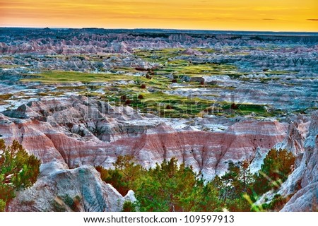 Scenic Badlands Landscape in HDR (HIgh Dynamic Range) Photography. Badlands National Park HDR Sunset Panorama. HDR Nature Photography Collection.