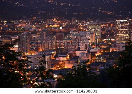 Portland Downtown at Night - Bird View Photography. Portland, Oregon, United States of America. Cities Photo Collection