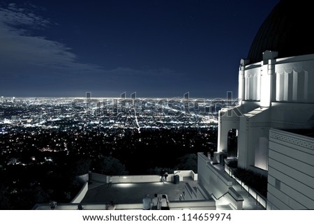 Observation Deck at Griffith Observatory, Los Angeles, California, USA. Los Angeles Scenic Night View. Architecture Photo Collection.