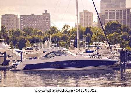 Luxury Motorboat - Chicago Marina. Chicago, IL, USA. Water Transportation Photo Collection.