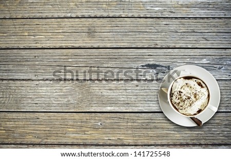 Tasty Coffee Cup on the Wood Planks Table. Top View / Copy Space. Coffee Break. Food and Drink Collection.