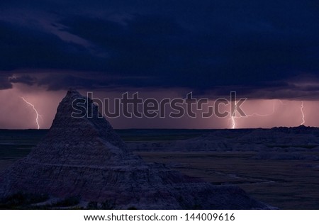 South Dakota Storm - Stormy Night at Badlands Landscape. Lightnings on the Horizon. South Dakota Photo Collection.