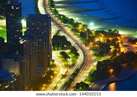 Lakeshore Drive Chicago at Night. Bird Eye View. Chicago, Illinois, USA. American Cities Photo Collection.