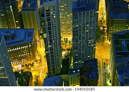 City From Above at Night. Downtown Chicago, Illinois, USA. American Cities at Night Photo Collection.