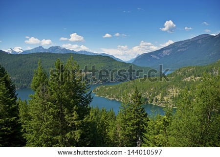 North Cascades Mountains in Washington State. Scenic Cascades Landscape. Lake Diablo Below.