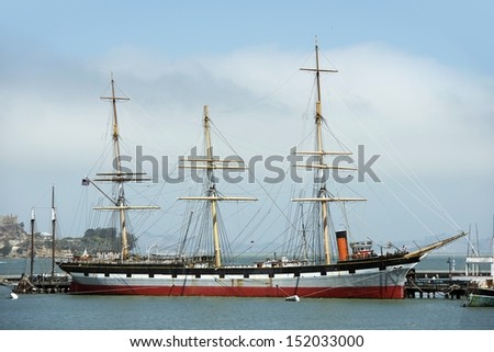 Tall Ship in the San Francisco Bay, California, USA. Tall Ship  Traditionally-Rigged Sailing Vessel in the Port.
