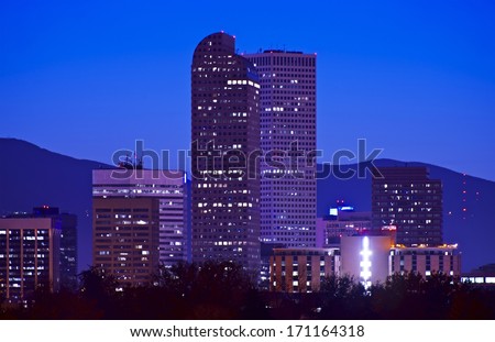 Downtown Denver City Skyline at Night. Denver, Colorado, USA.