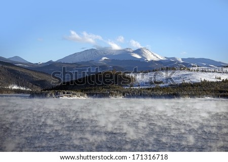 Lake Water Vapor in Winter. Very Low Temperature  Water Vapor and Heat Exchanges. Colorado Landscape. Dillon Reservoir.