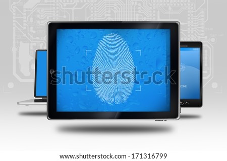 Device Identity Check. Tablet Computer with Fingerprint Screen Check. Identity Check Software.