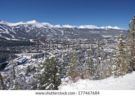 Town of Breckenridge Colorado Winter Panorama. Clear Blue Sky After Heavy Winter Storm.