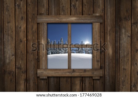 Winter Cabin Window Illustration. OLd Cabin with Small Window with Scenic Winter View.