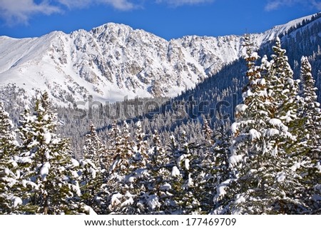 Scenic Colorado Winter Mountains. Alpine Peaks and Forest Covered by Fresh Heavy Snow. Colorado, United States.