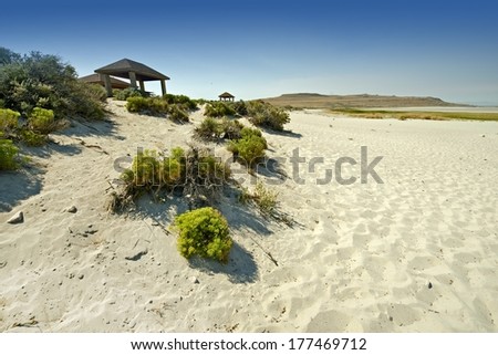 Salt Lake Landscape in Utah State, United States of America. Sandy Salt Lake Beach Recreation Area.