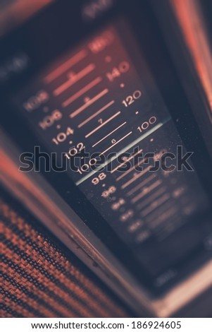 Dirty Radio Frequency Tune. Aged Early 80s Radio Device Frequency Closeup.