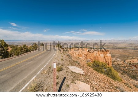 Colorado National Monument Senic Curved Cliff Road with View on Fruita and Grand Junction, Colorado, United States.