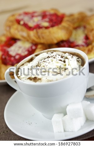 Coffee and Cake Closeup. White Small Coffee with Cream.