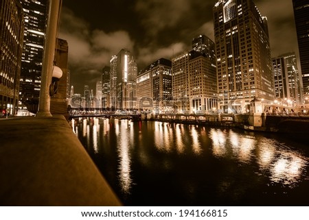 Chicago River in Gold. Downtown Chicago Illinois and Chicago River at Night. Browny Gold Color Grading.