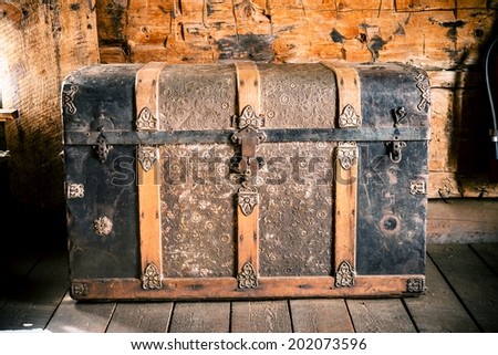 Vintage Wooden Chest. Aged Treasure Chest in the Old House.