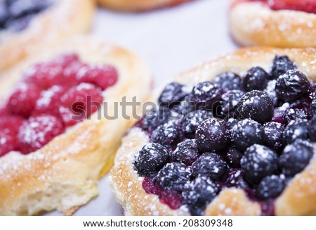 Fruits Yeast-Cake. Fruit Cakes with Blueberries and Raspberries