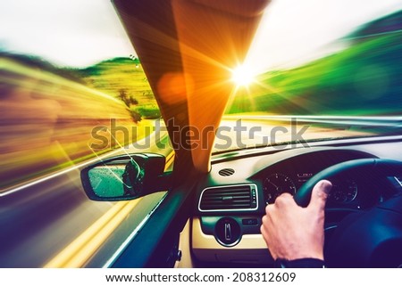 Scenic Summer Drive. Mountain Road and Sunset Scenery From the Speeding Car. Scenic Road