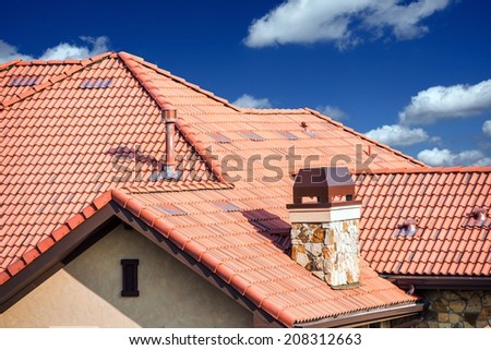 House Slates Roof. Roofing Works. Modern House Roof Closeup.