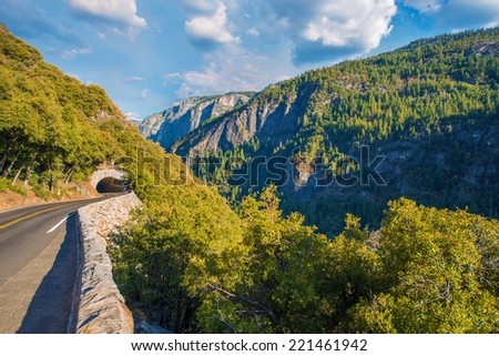 Mountain Road in California Sierra Nevada near Yosemite National Park. California, USA. Mountain Road Tunnel