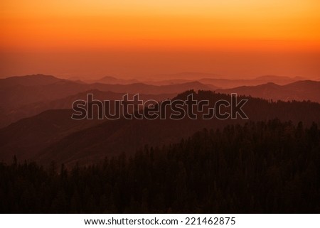 Sierra Nevada Summer Sunset. California Sierra Nevada Mountains Nature Silhouette. California USA.