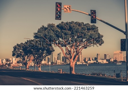 San Diego Bay Road and the Skyline. Harbor Island Drive, San Diego, California, USA. Vintage Color Grading.