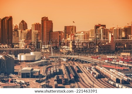Downtown San Diego, California, USA. Downtown Area with Railroad Hub. Southern California City. San Diego is the  Eighth Largest City in the United States.