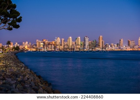 San Diego Bay Skyline at Night. San Diego, California. Summer Night.