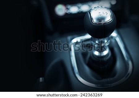 Six Speed Stick Shift Car Transmission. Stick Shift Driving. Modern Car Interior.