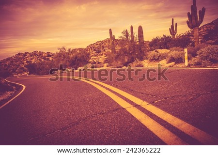 Curved Arizona Desert Road. Traveling Theme. Rocks and Cactuses Landscape.