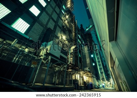 Dark Alley at Night. Alley in Large American City. American Architecture.