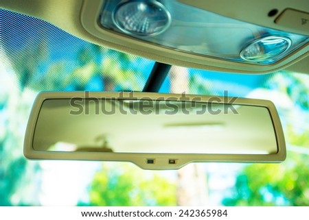 Car Rear View Mirror. Car Interior Mirror Closeup.