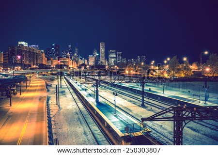 Welcome in Chicago. Late Night Chicago Skyline and the Railroads. Chicago, Illinois, United States.