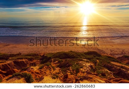 Sunny California Beach. Beautiful Sunny Day on the Beach. Southern California Ocean Shore Landscape.
