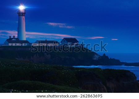 Lighthouse Scenery at Night. Pigeon Point Lighthouse in California, United States. Pigeon Point Light Station Built in 1871.