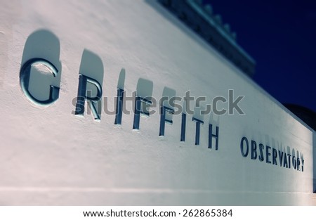 Griffith Observatory Wall Sign at Night. Los Angeles, California, United States.