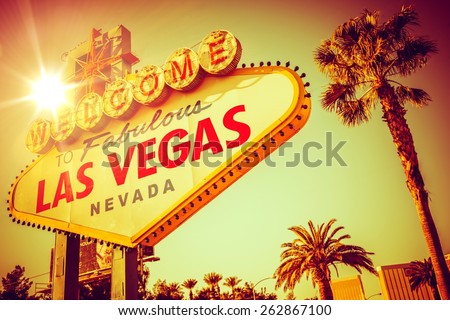 World Famous Las Vegas Nevada. Vegas Strip Entrance Sign in 80s Vintage Color Grading. United States of America.