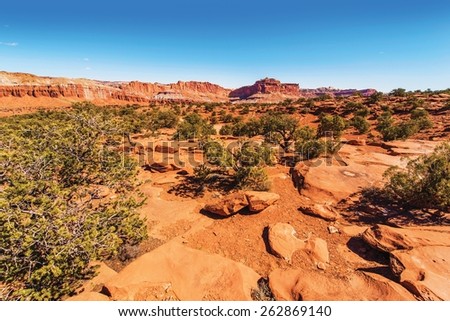 Capitol Reef Rocky Landscape. Red Navajo Sandstones Landscape. Utah, United States.