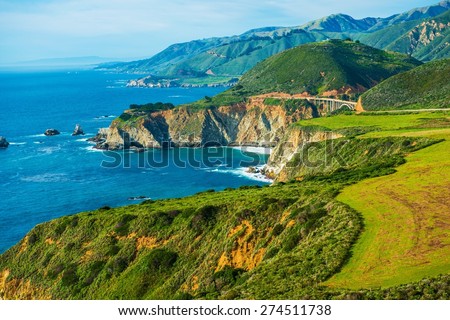 California Coastal Highway 1. Scenic Route. Pacific Ocean Shore in California, United States.