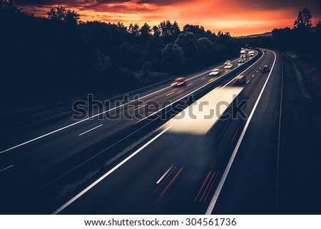 European Highway System. Speeding Cars and Trucks on a Modern Highway in Cracow, Poland, Europe.