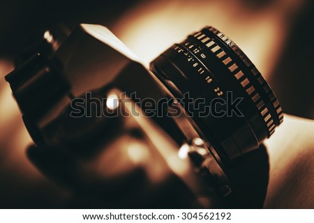 Analog Vintage Camera with Prime Lens Closeup Photo. History of Photography.