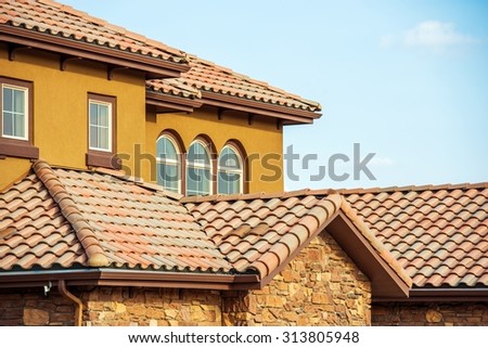 Slates Roof. Modern American South West Style Home Roof Closeup Photo.
