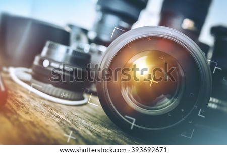 Professional Photography Equipment. Professional Photographer Work Kit. Photo Lenses.