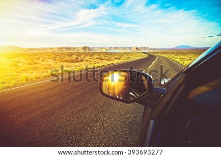 Arizona Scenic Drive. Driving Down the Road During Scenic Summer Sunset. Summer Trip.